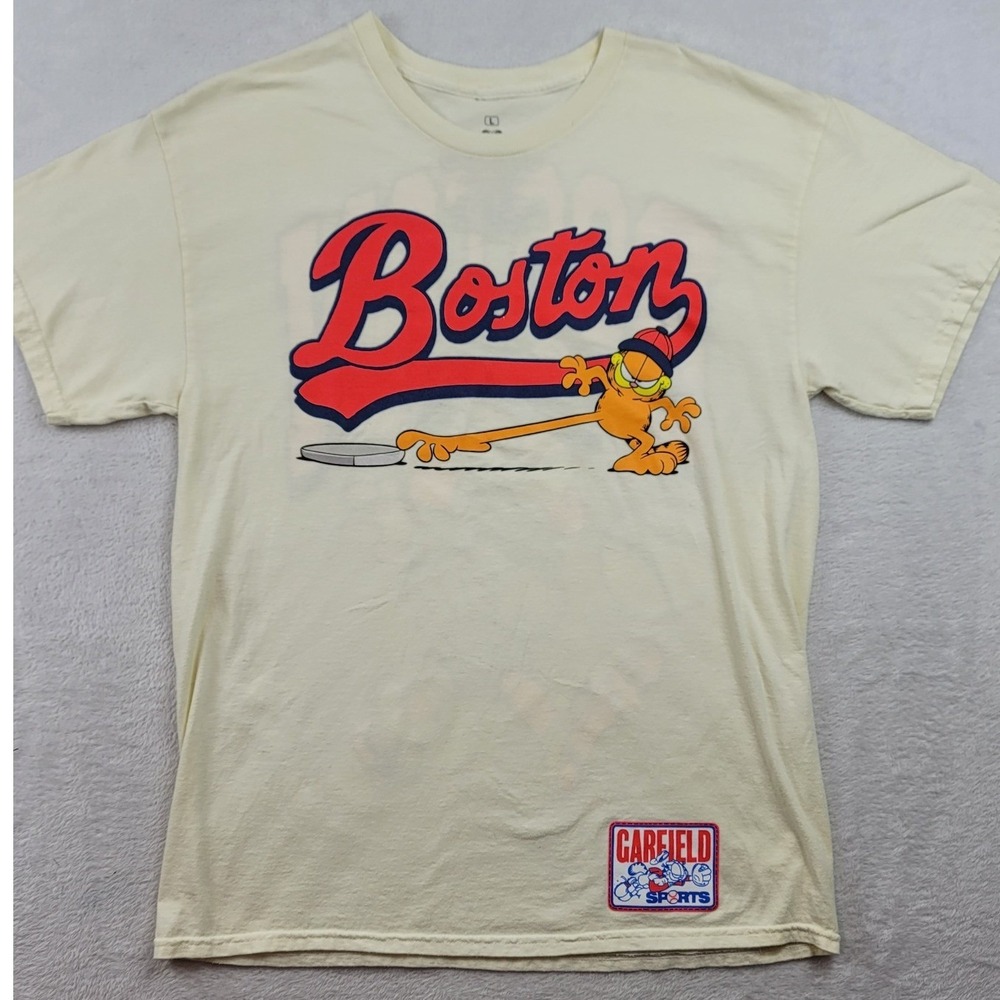 Garfield Sports Boston T-Shirt Mens Large Cream Hockey Baseball Graphic Tee